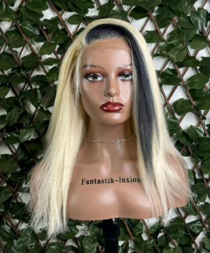 Perruque longue bicolore – Blonde & noire, coupe lisse